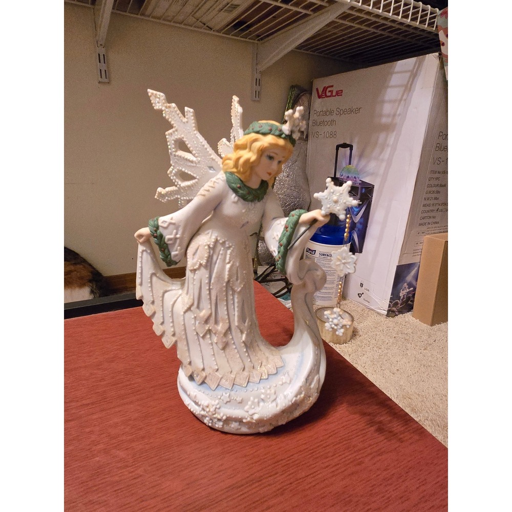 Winter Snowflake Angel Figurine White Iridescent Glitter Holiday Decor As Is